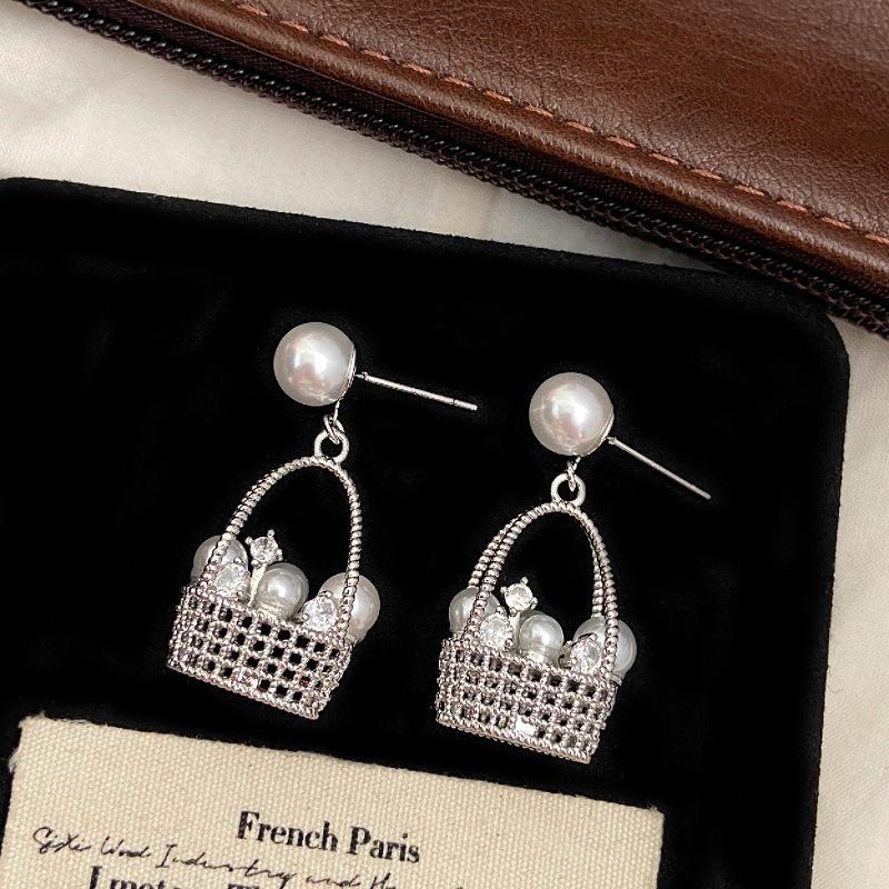 铜合金耳饰 法式编织珍珠耳环小众设计精致轻奢耳钉1694