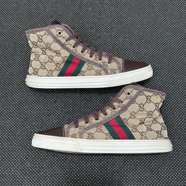 95新 GUCCI/古驰 38码 24cm 棕色 满印 高帮 板鞋