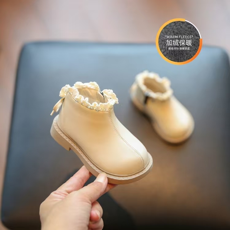 【lucky泡芙】穿搭博主！女童秋冬加绒蕾丝花边公主侧拉链软底短皮靴