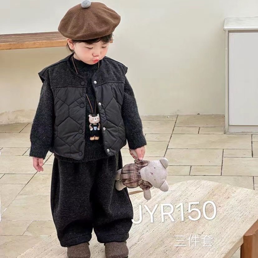 男童冬季加绒套装2025新款儿童洋气宝宝韩版加棉马甲三件套潮