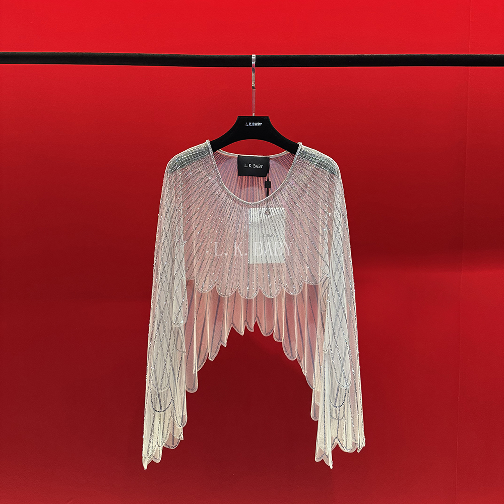 【L.K.BABY】如梦如幻  法式气质「流苏水钻」灵动薄纱镂空斗篷衫