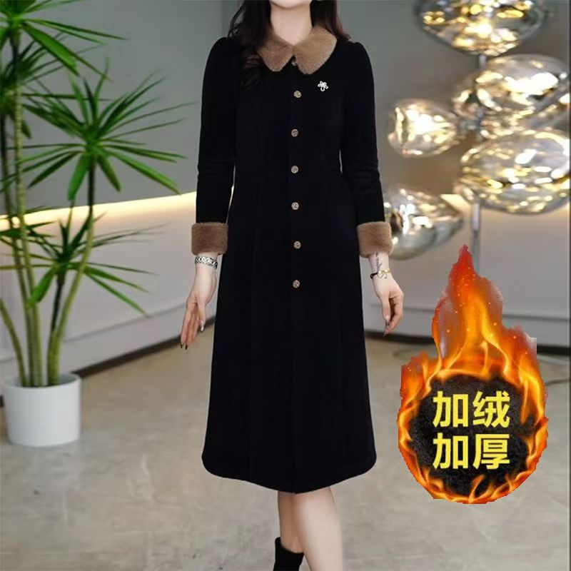 8130#高档绒加绒加厚连衣裙秋冬修身显瘦减龄中长款a字裙子