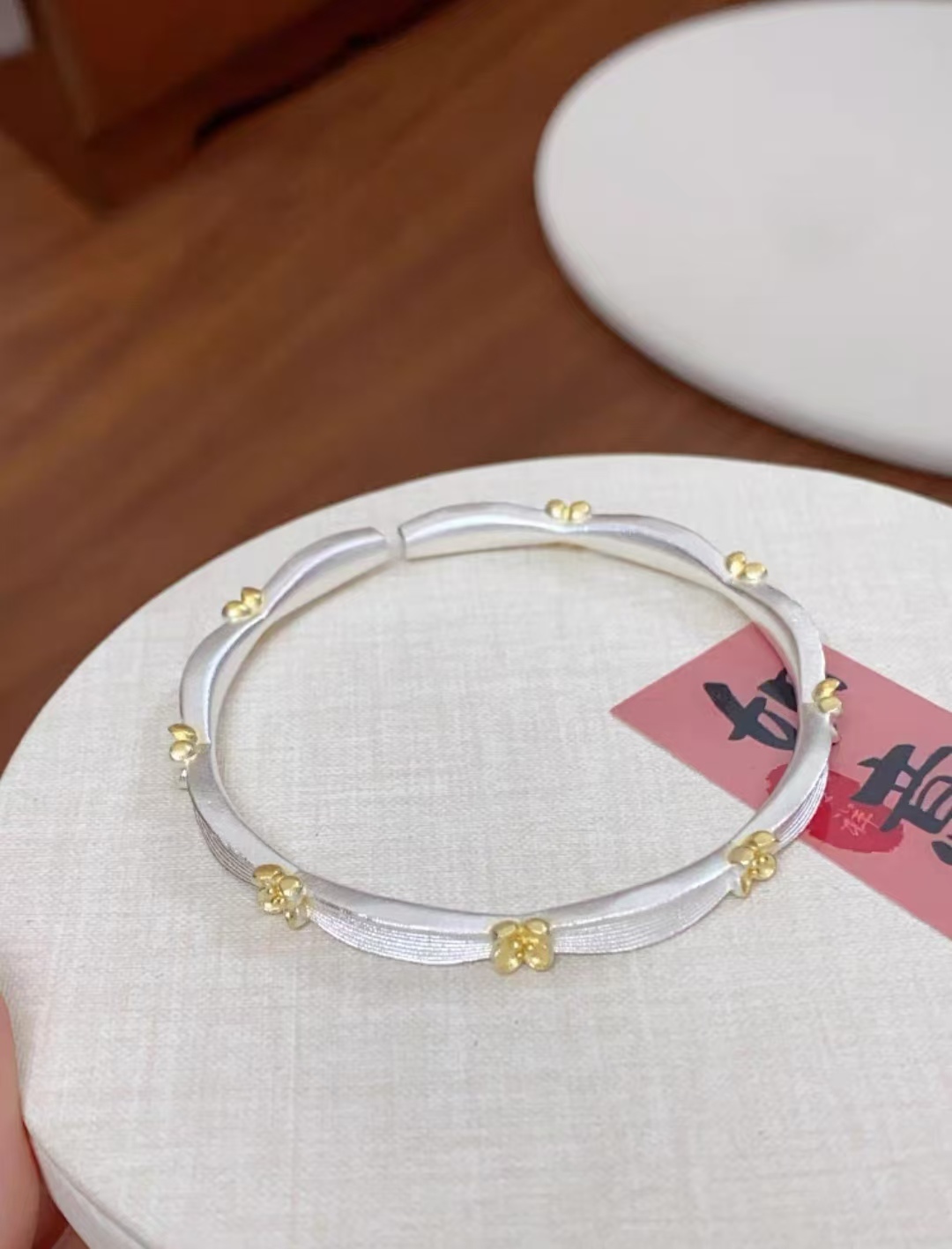 足银手镯 足银999 古法月桂花银手镯国风高级感