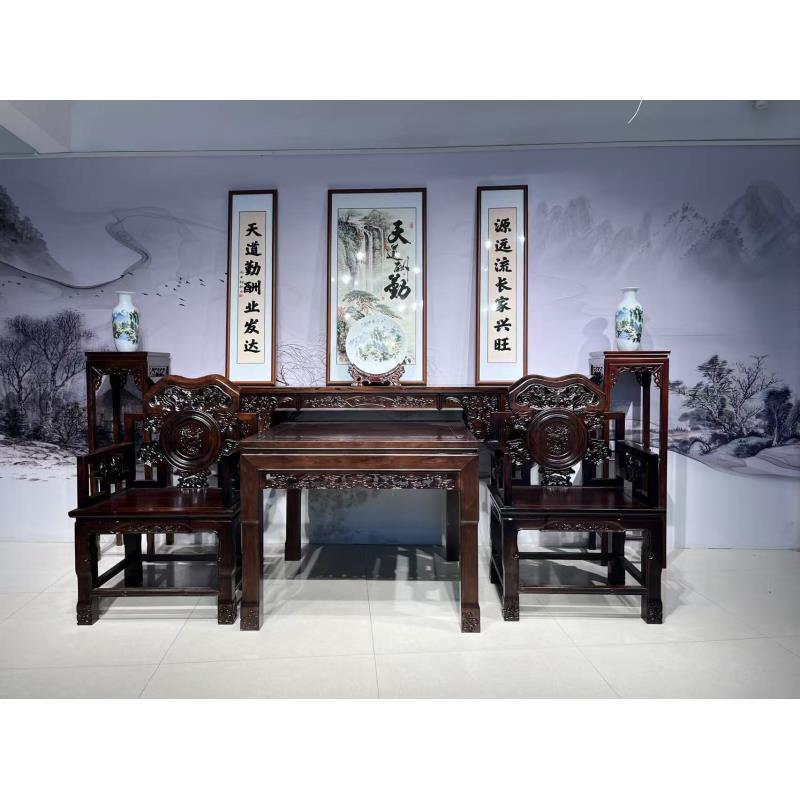【直播间专属】新中式全实木麒麟中堂六件套别墅堂屋家具八仙桌条案