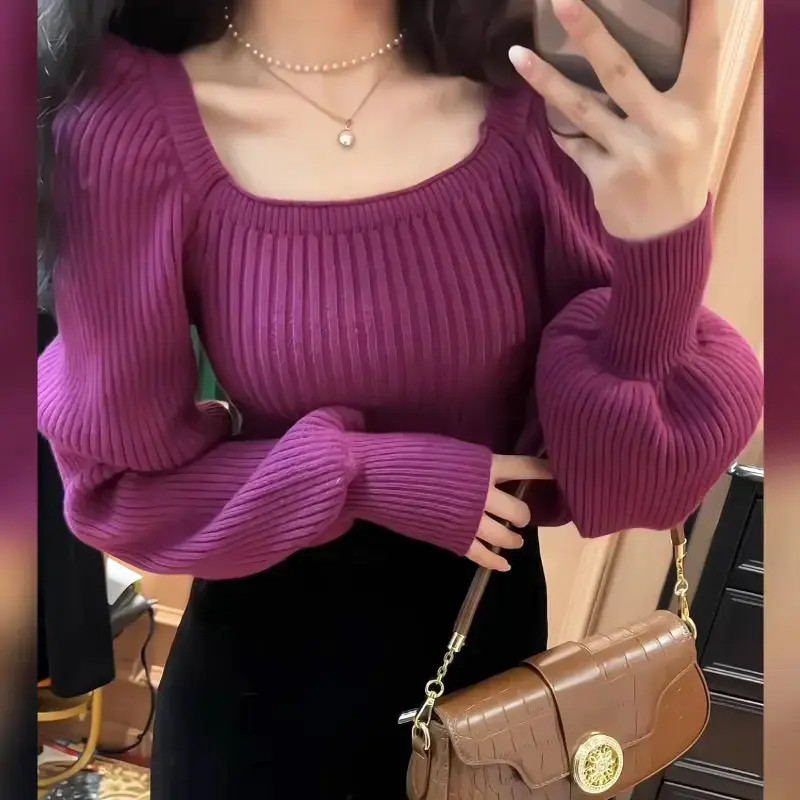 高级感好看毛衣女2024秋冬方领泡泡袖慵懒方领内搭打底针织上衣