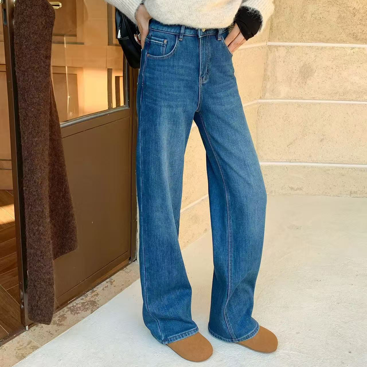 加绒加厚直筒牛仔裤女冬高腰四面弹窄版阔腿裤7601