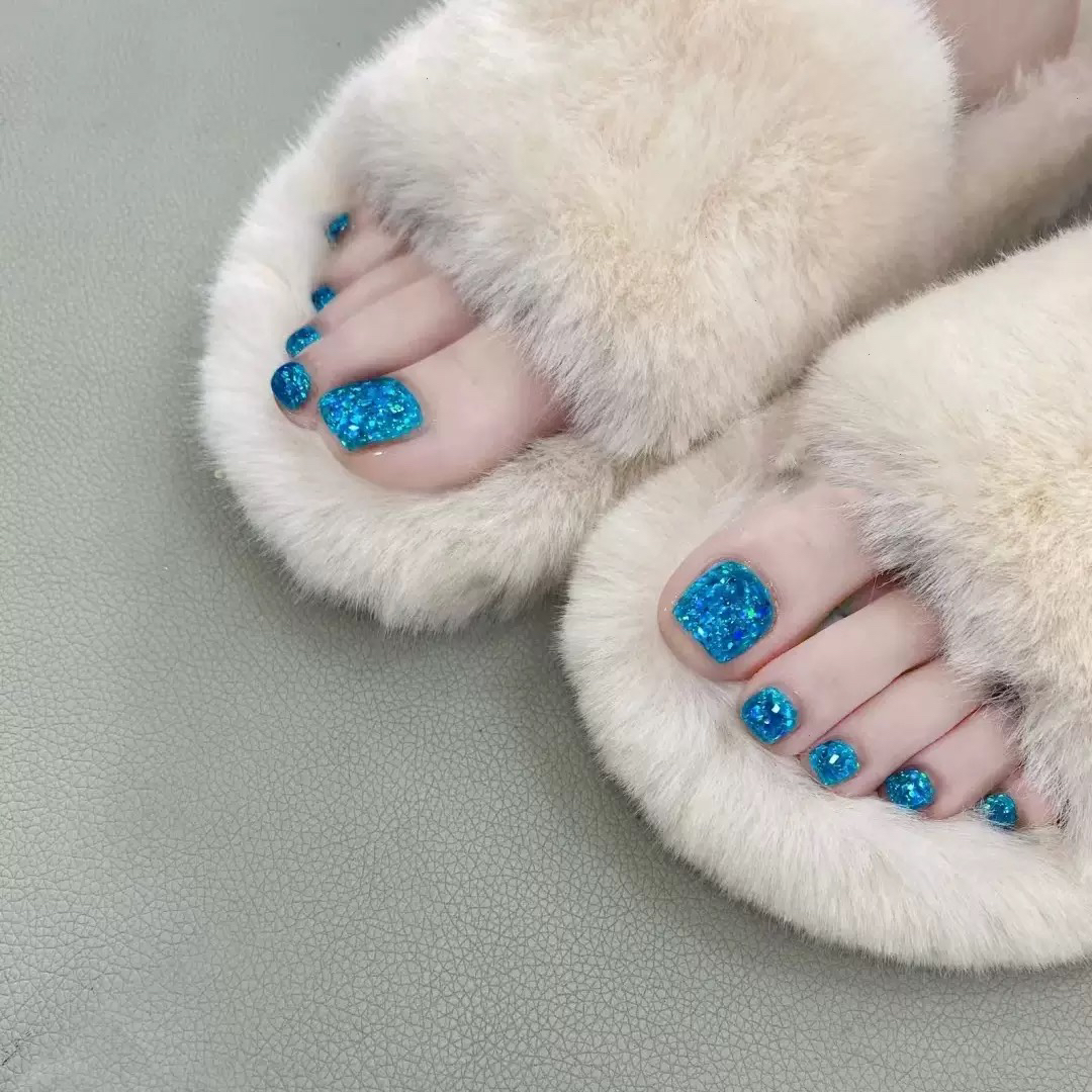 夏日海蓝爆闪显白脚指甲穿戴美甲贴片成品可拆卸假指甲——24片装