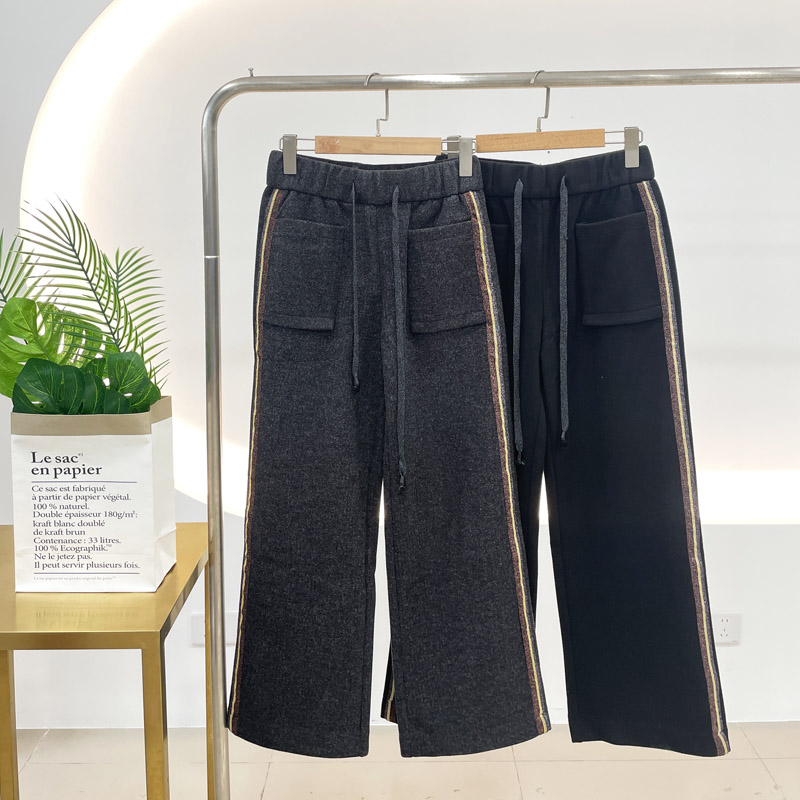 九分阔腿裤女冬季呢料抽绳加松紧腰简约时尚妈妈装直筒休闲裤子