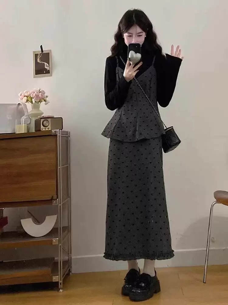 冬季一整套大码胖mm打底衫吊带连衣裙气质减龄两件套装女9968