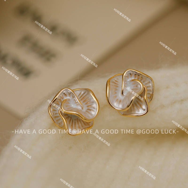 黄铜陶瓷耳饰 HD气质S925银针港风百搭山茶花滴釉耳钉小众时尚