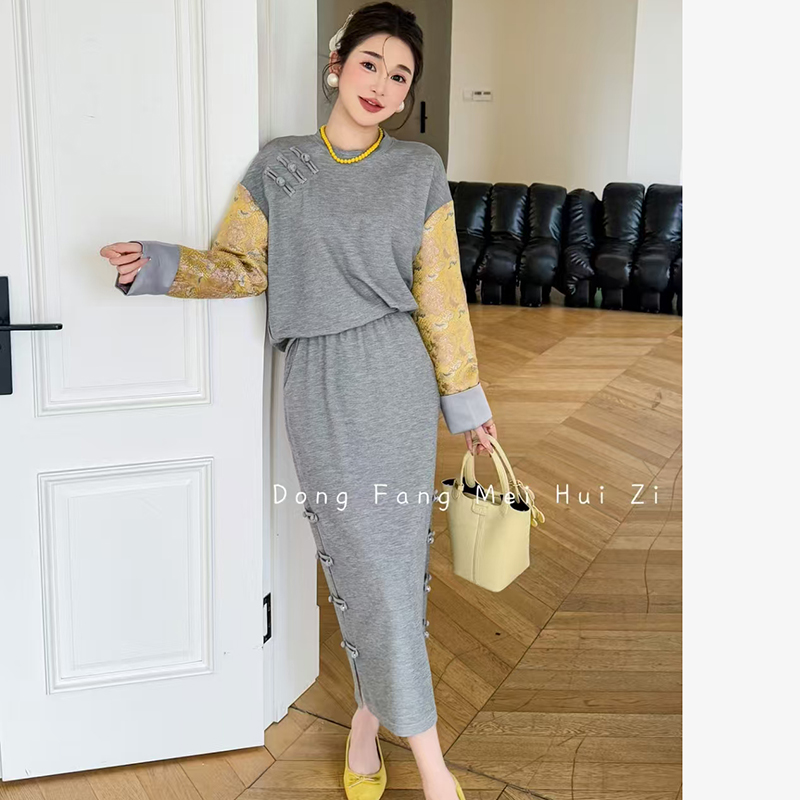 2.20早预告款春季新款新中式卫衣上衣半身裙两件套装  DFMHZ0411