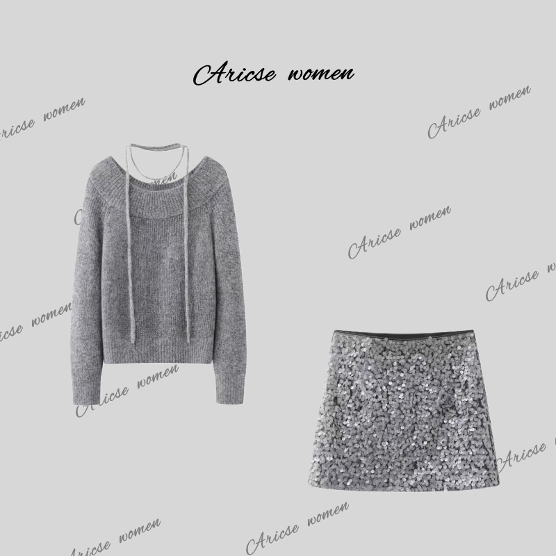 【艾家商场】女装2025冬新款时尚灰色开衫亮片裙套装1199/1167