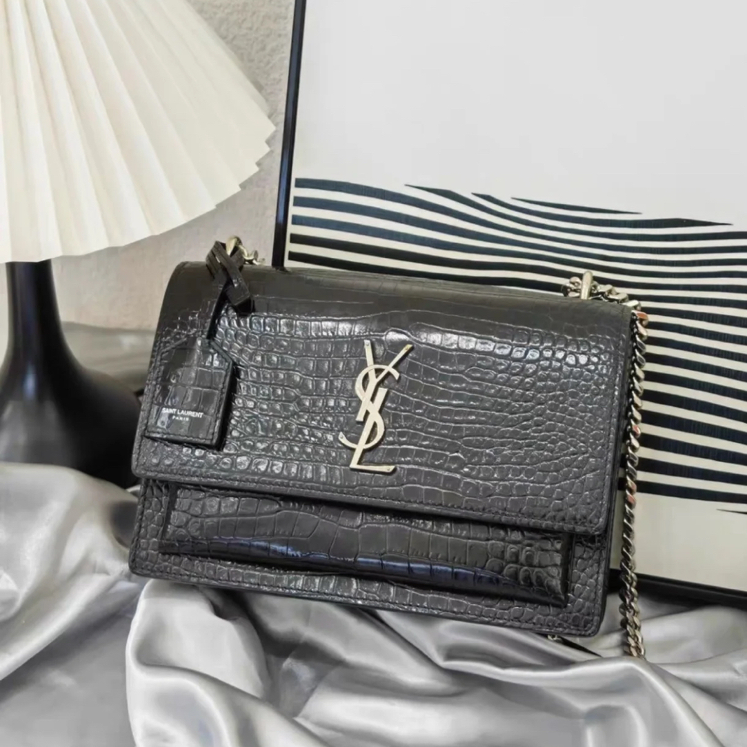 99新 YSL/圣罗兰 林纳奢品丨Sunset日落包黑银中号鳄压纹