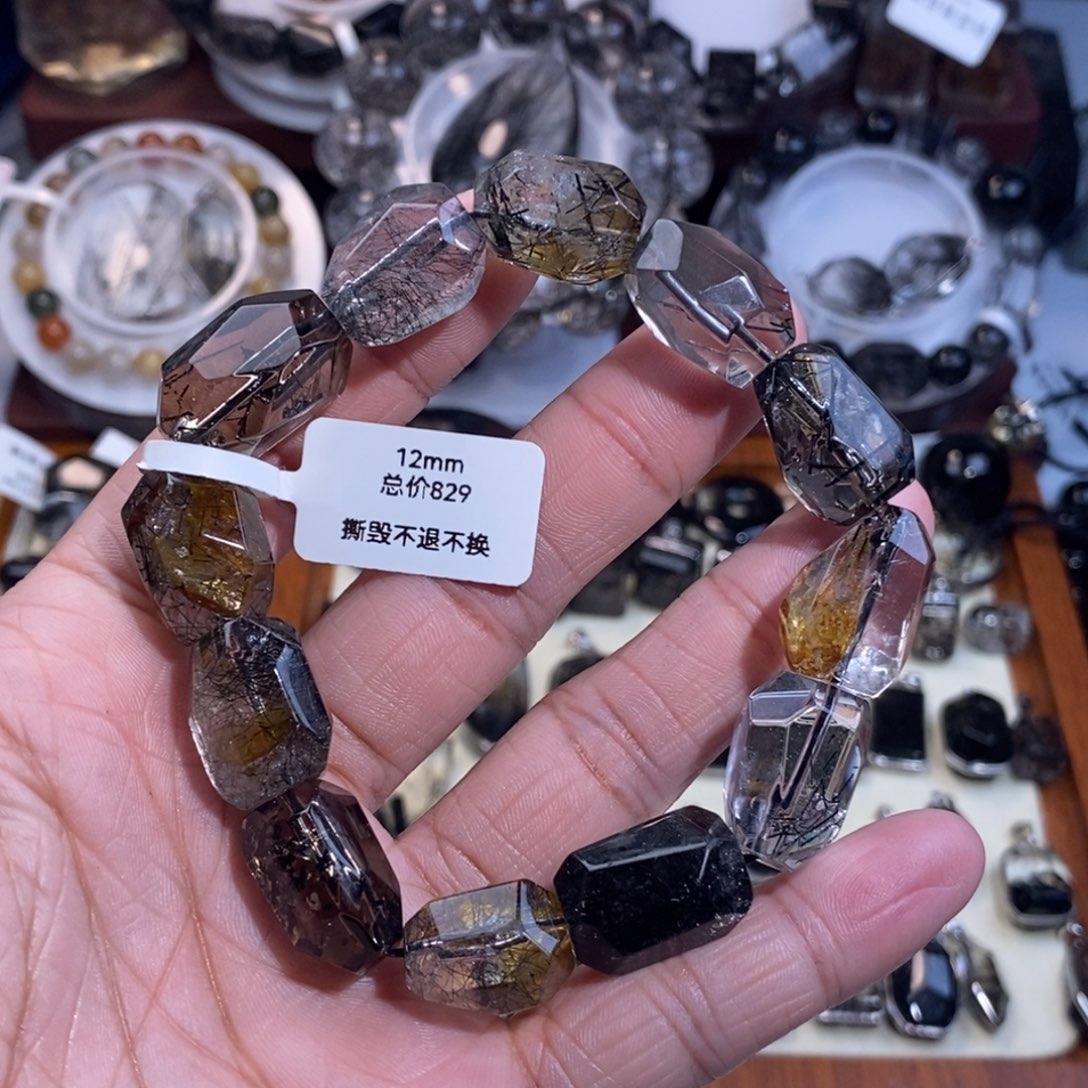 未镶嵌手链水晶黑发晶黄胶花12mm随形设计款