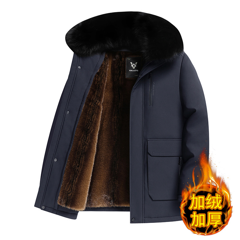 新款加绒加厚可脱卸内胆大毛领上装厚款中老年男款外套冬季棉衣