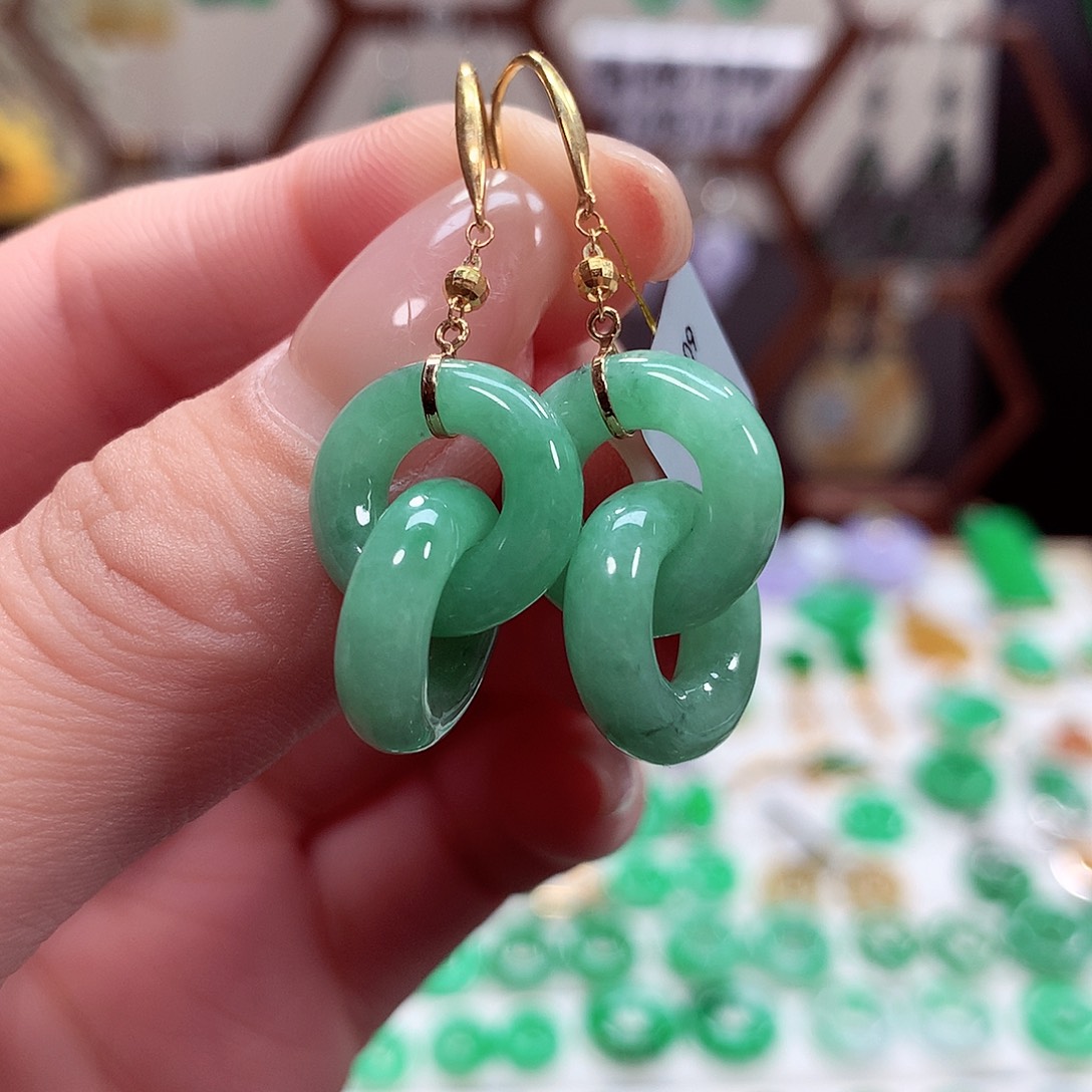 翡翠耳饰18K金镶嵌天然翡翠