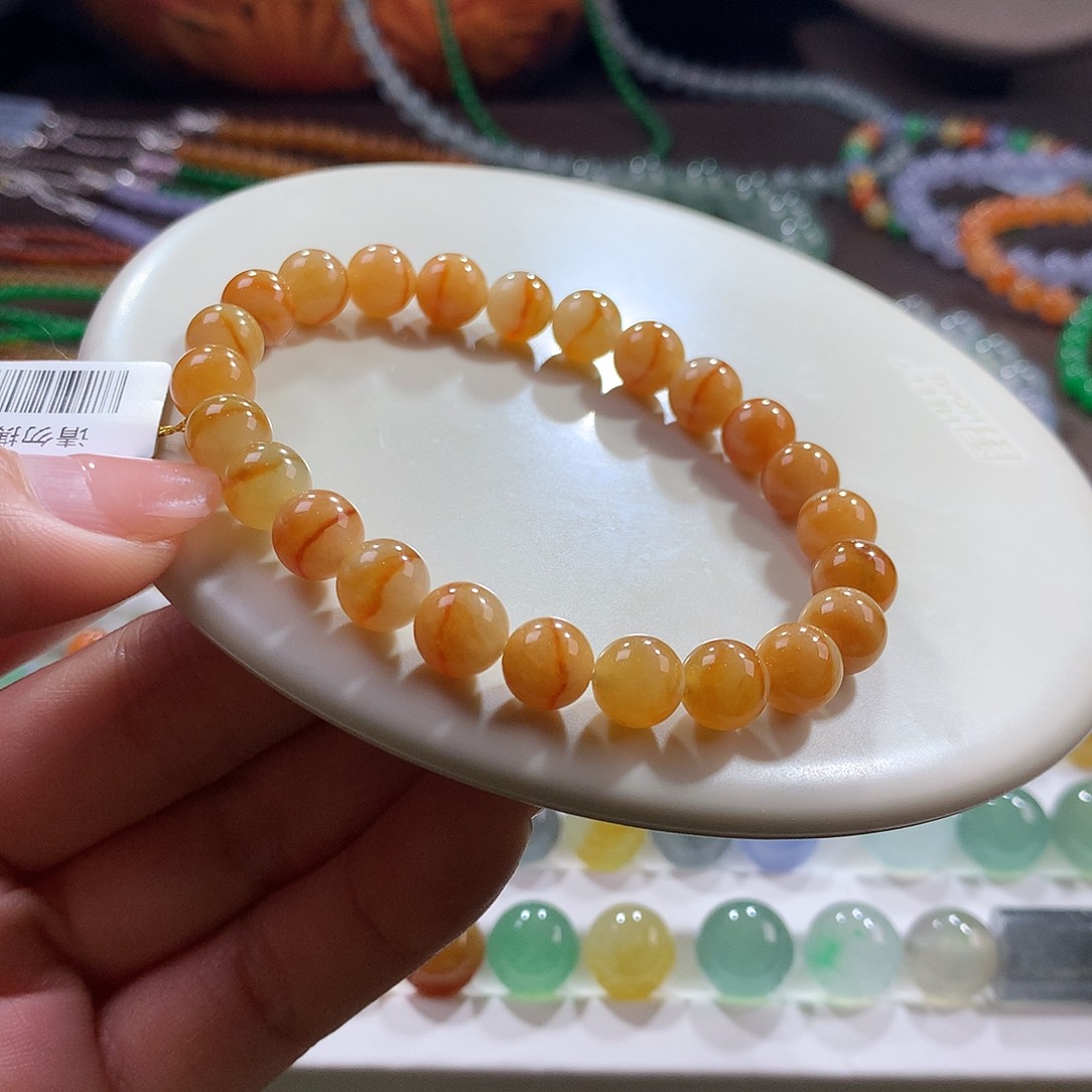 翡翠未镶嵌手链！胶润细腻半鸳鸯黄翡卡7.8