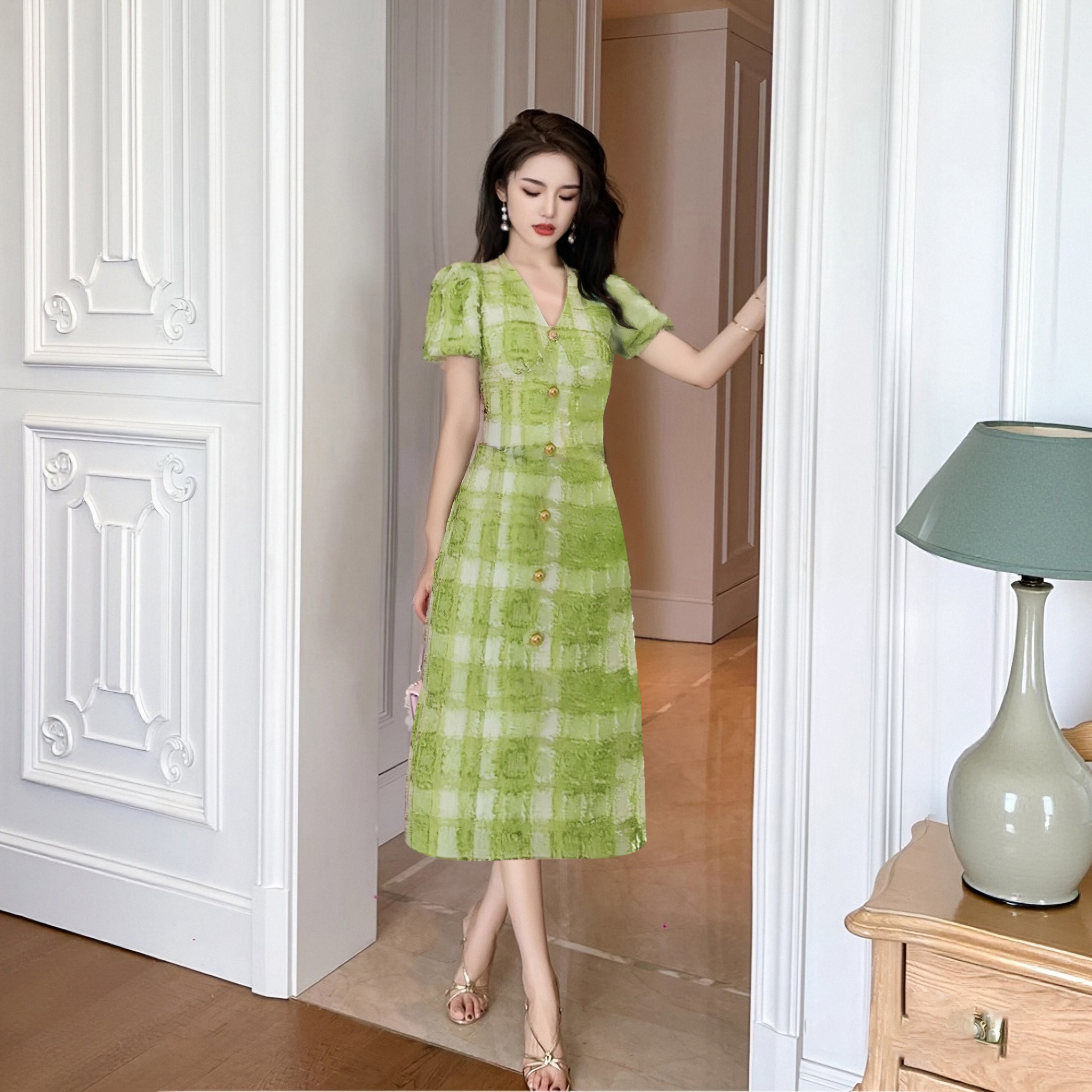 【有里布】法式绿色连衣裙高级感夏小个子气质短裙D2362