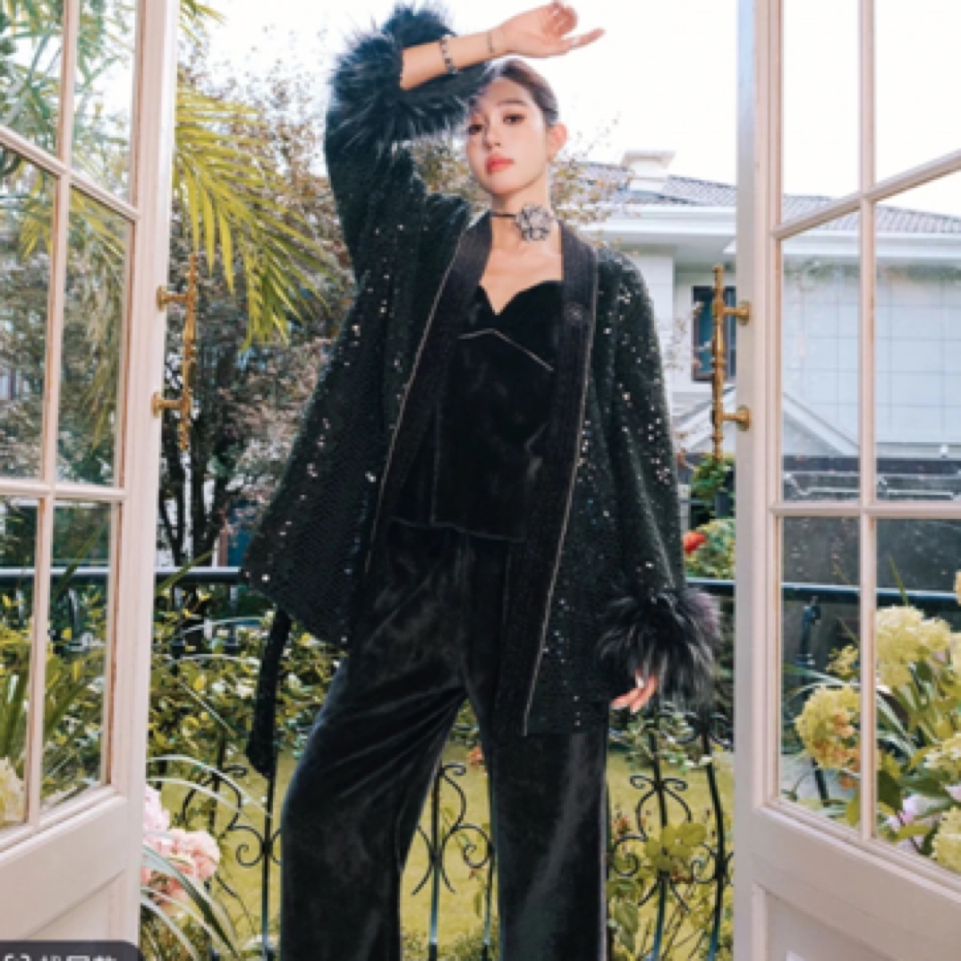 原创软胶片烫金法兰绒睡衣三件套珊瑚绒北极绒仿狐狸毛家居服套装