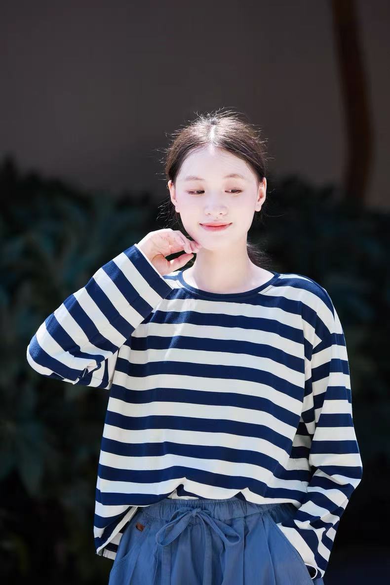 【秩-序】条纹薄款宽松长袖休闲百搭时尚圆领套头针织上衣WEc-66375