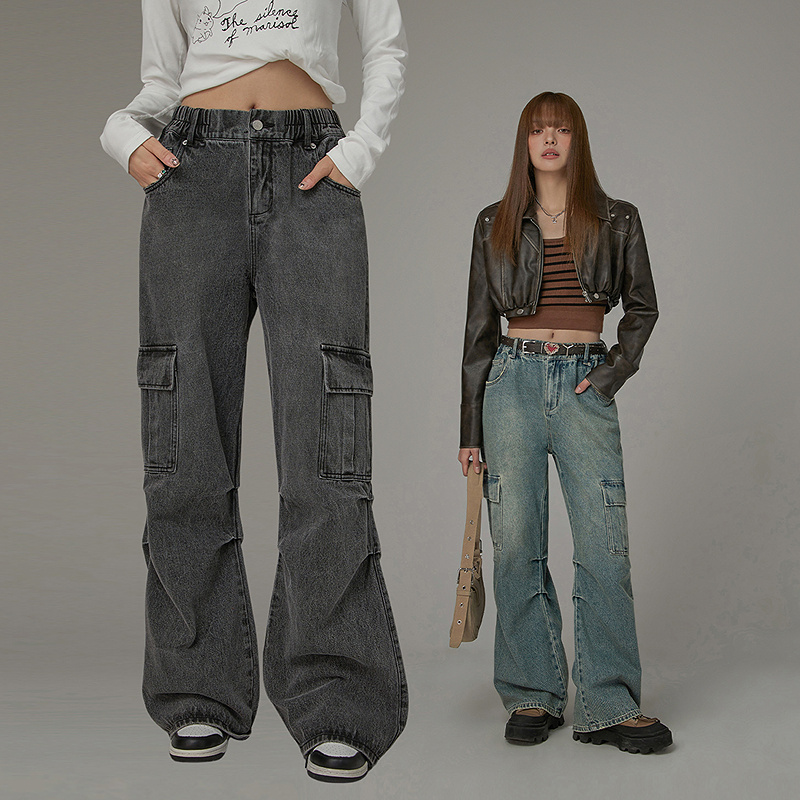 CHUU秋季女装松紧腰阔腿卡通萌龙设计印花显瘦百搭牛仔裤