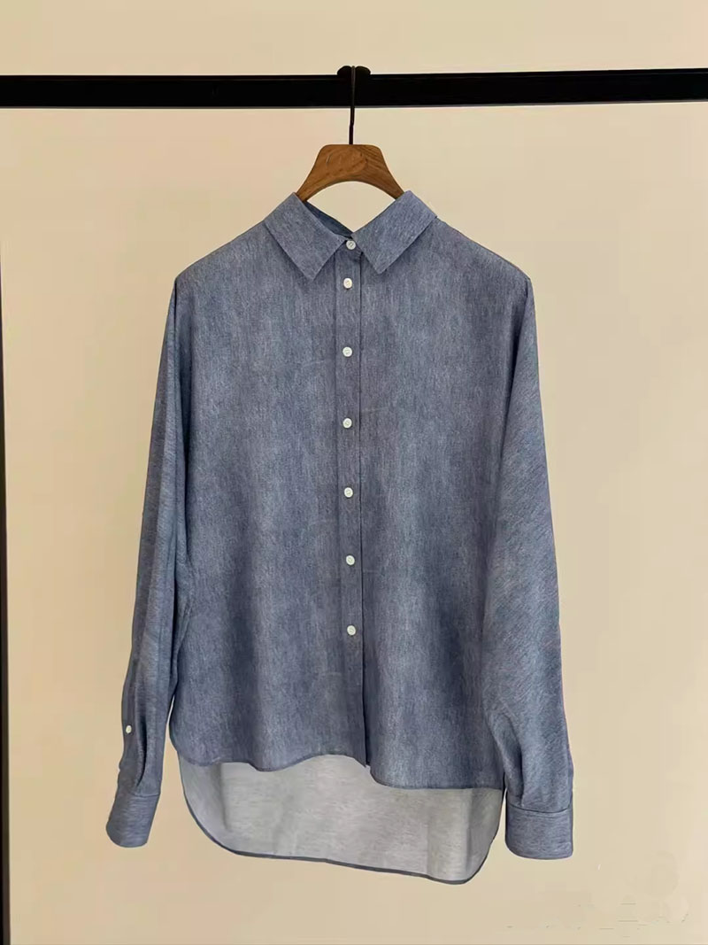 小禾纯原商场同款百搭牛仔衬衣女装2024夏新款真丝电力纺长袖衬衫