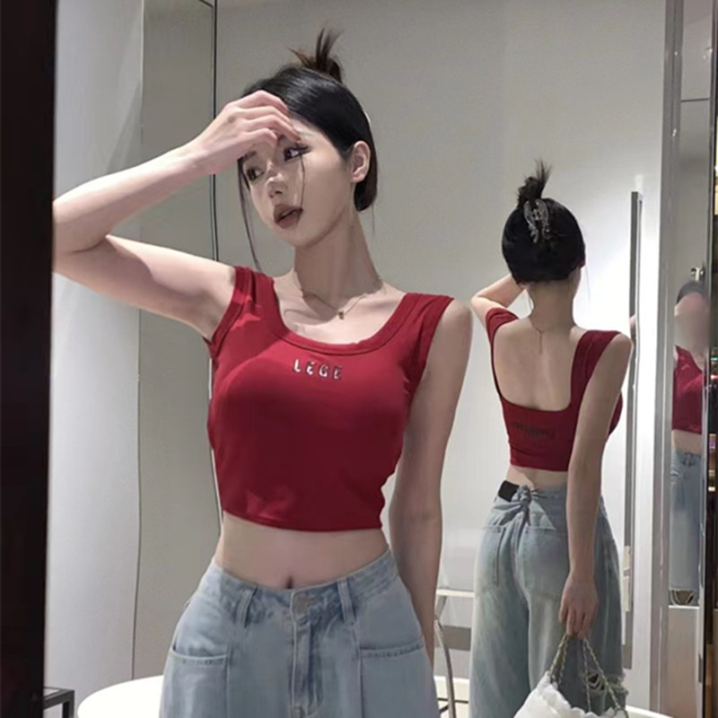 美式复古字母印花红色吊带背心女夏季辣妹风外穿美背修身短款上衣