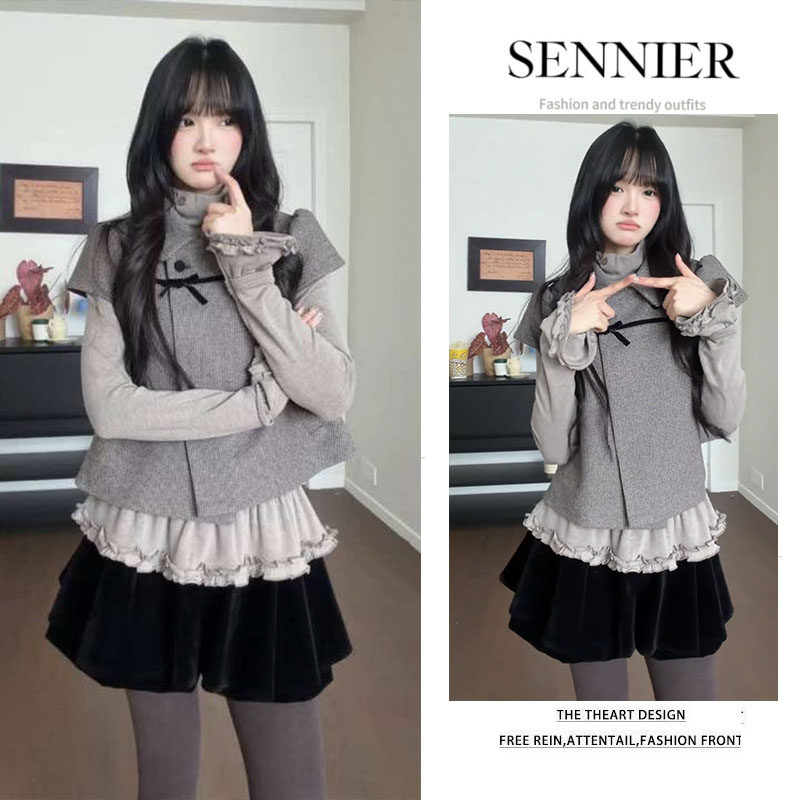 时尚穿搭女2026早春新款法式复古格纹短袖百搭显瘦打底裙裤三件套