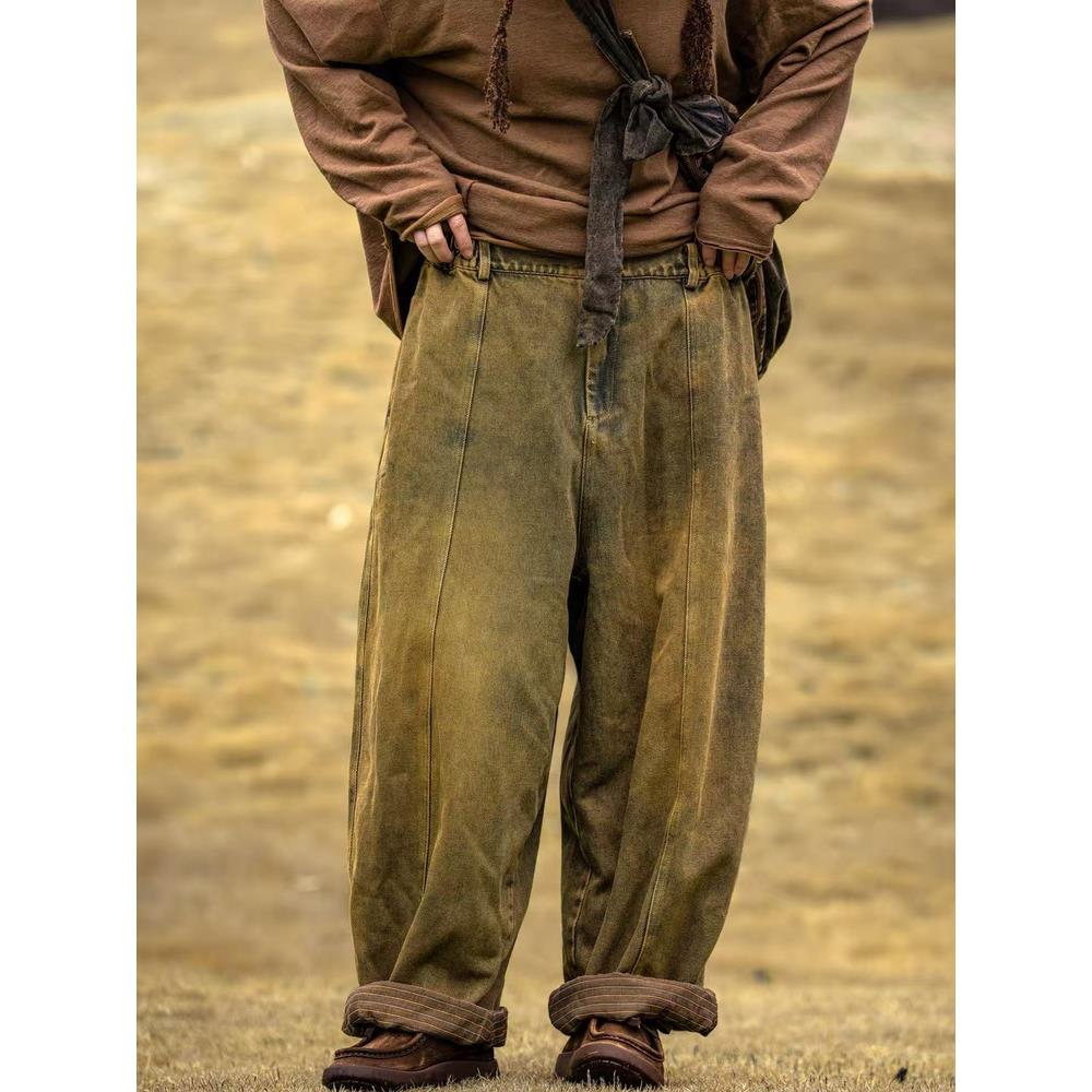 疯子张原创设计冬款双层松紧腰复古做旧宽松直筒牛仔裤长裤08578