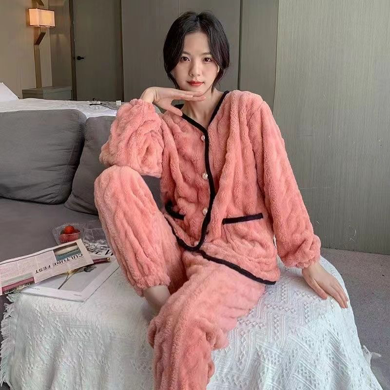 反季秋冬甜美保暖加绒小香风女士珊瑚绒睡衣家居服套装