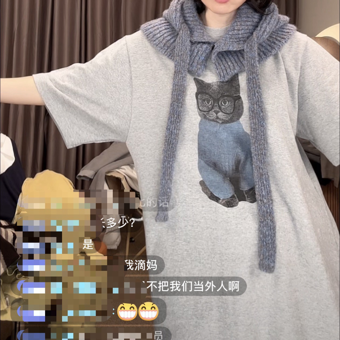 Aria&Eason泡菜冬季新款女宽松T恤呆萌猫咪no退no换