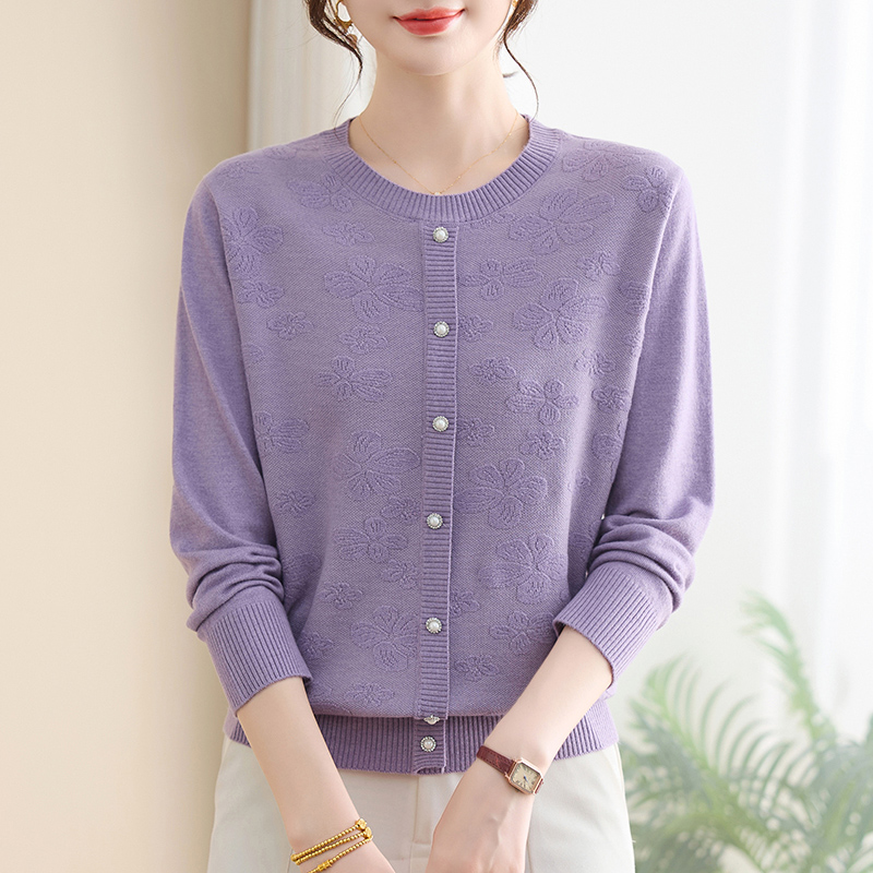 中老年女装中老年秋季提花针织衫圆领气质女士打底毛衣春秋