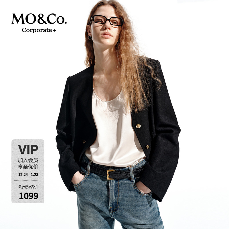 【C+系列】MOCO外套2025春新品绵羊毛丝光绒短款箱型MBE1JKT003