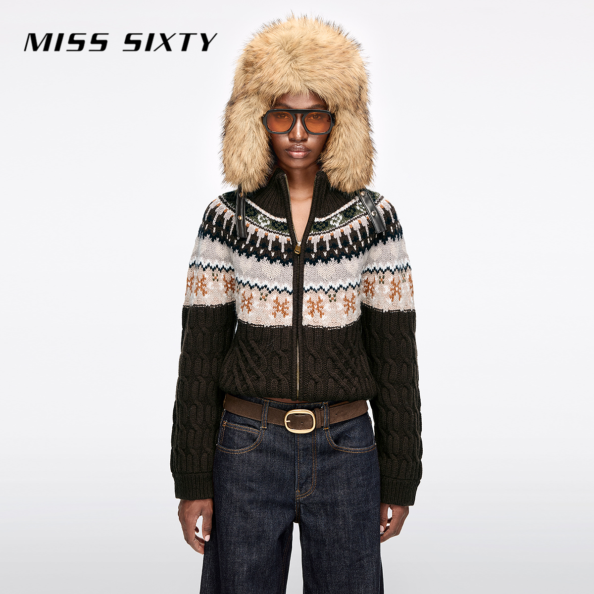 Miss Sixty2025冬季新款针织衫女立领拉链费尔岛花纹毛衣圣诞穿搭