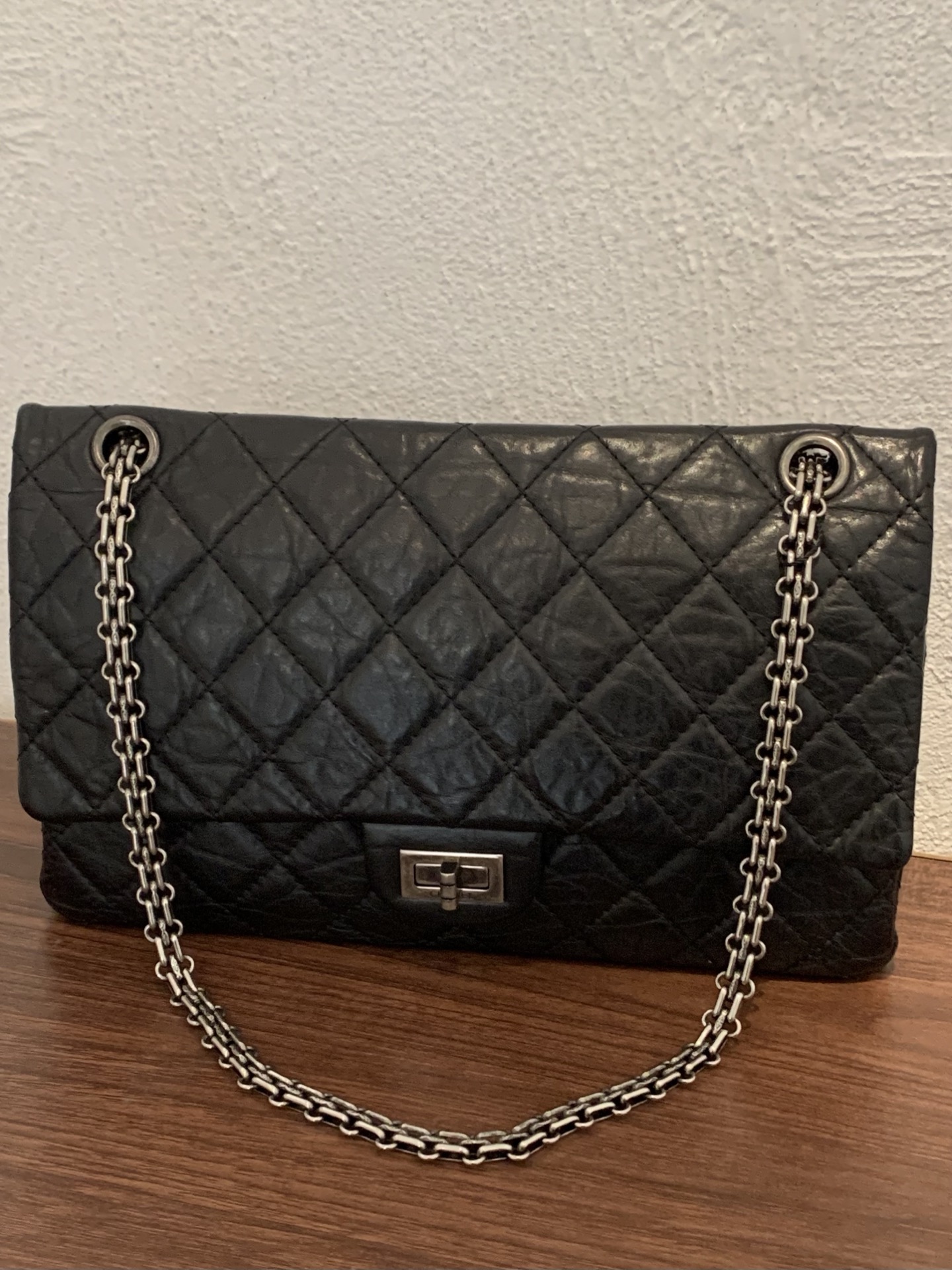 95新 Chanel/香奈儿 HIHI/l 黑银牛皮2.55链条包 底长28cm 13开