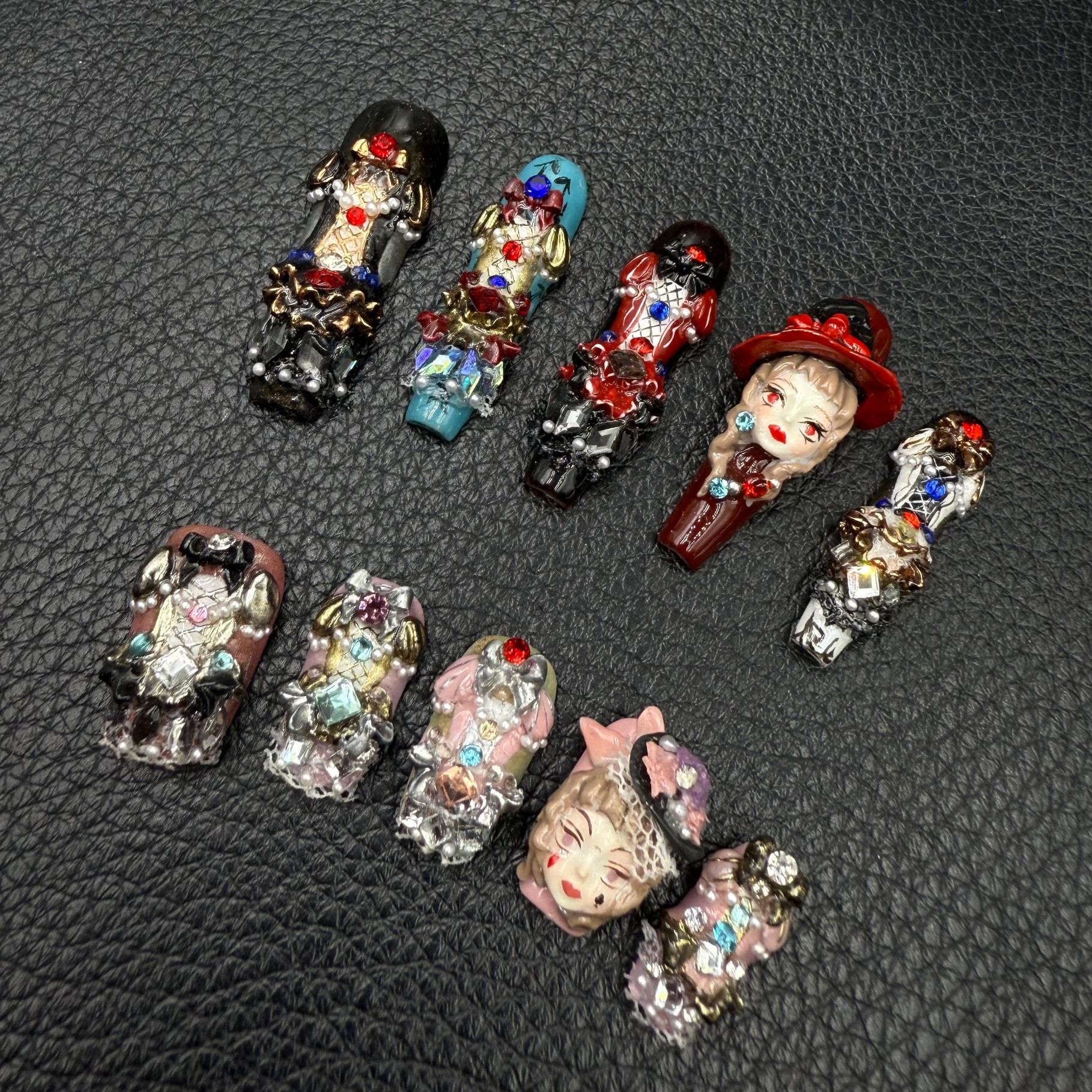 安夏 柔缎蕾丝 长梯 纯手工穿戴甲贴片重工设计私定娃娃款