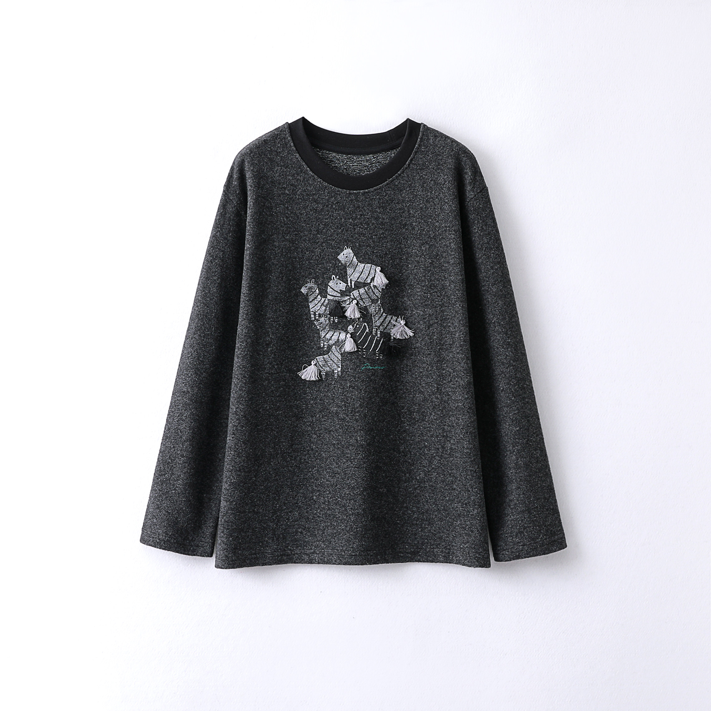 Jiaaaain【马到成功】秋冬宽松斑马印花圆领长袖绒感T恤