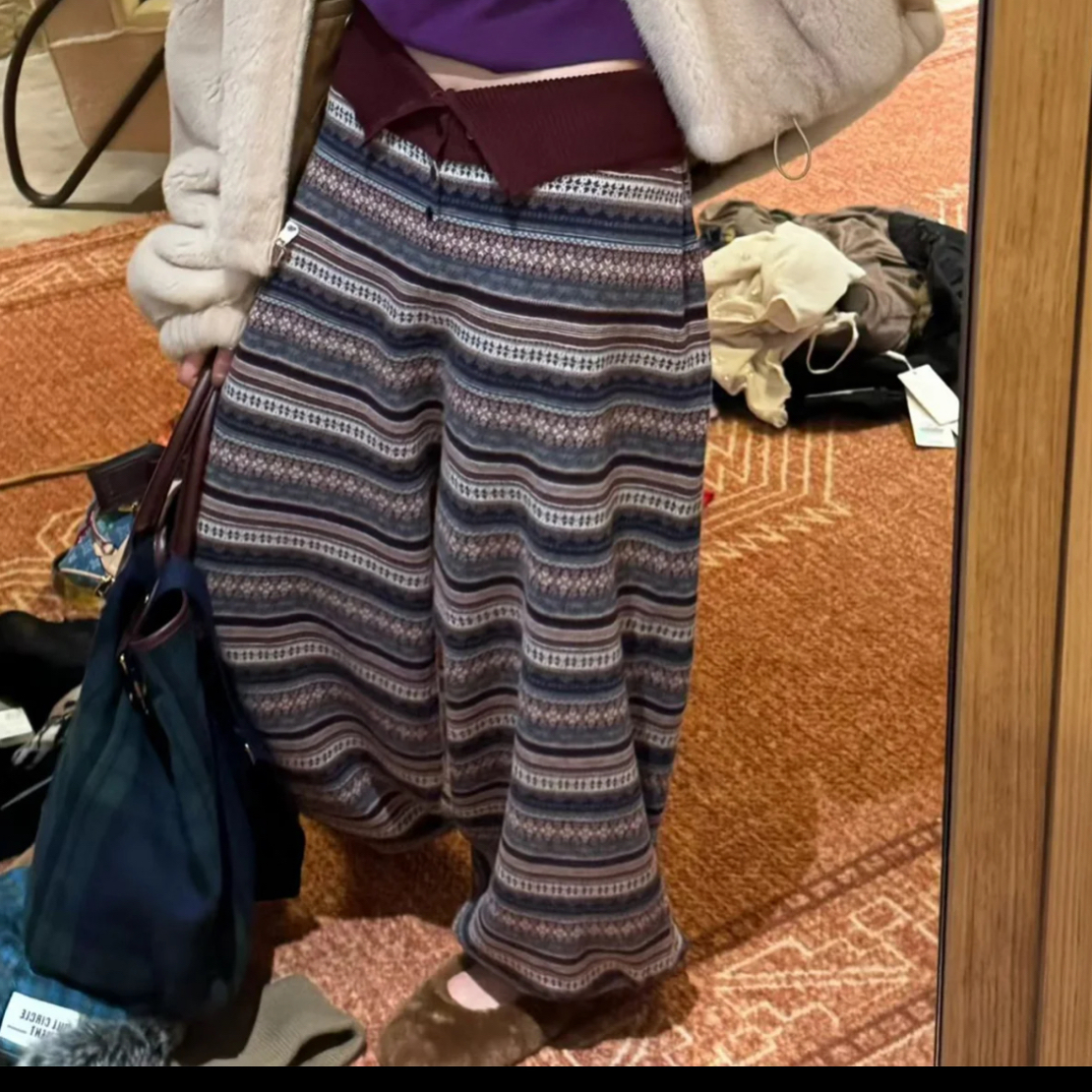 正品25秋冬新款设计师品牌直筒花色雪花费尔岛宽松针织灯笼裤女