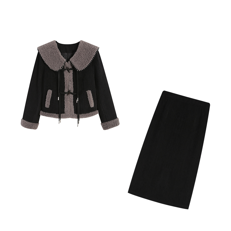 【五季家】大码黑拼灰色棉上衣+黑拼灰色裙子两件套ZL113478