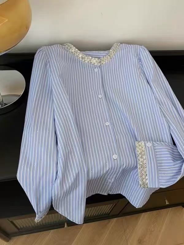 1055 春秋款时尚洋气亮片圆领竖条纹百搭衬衫