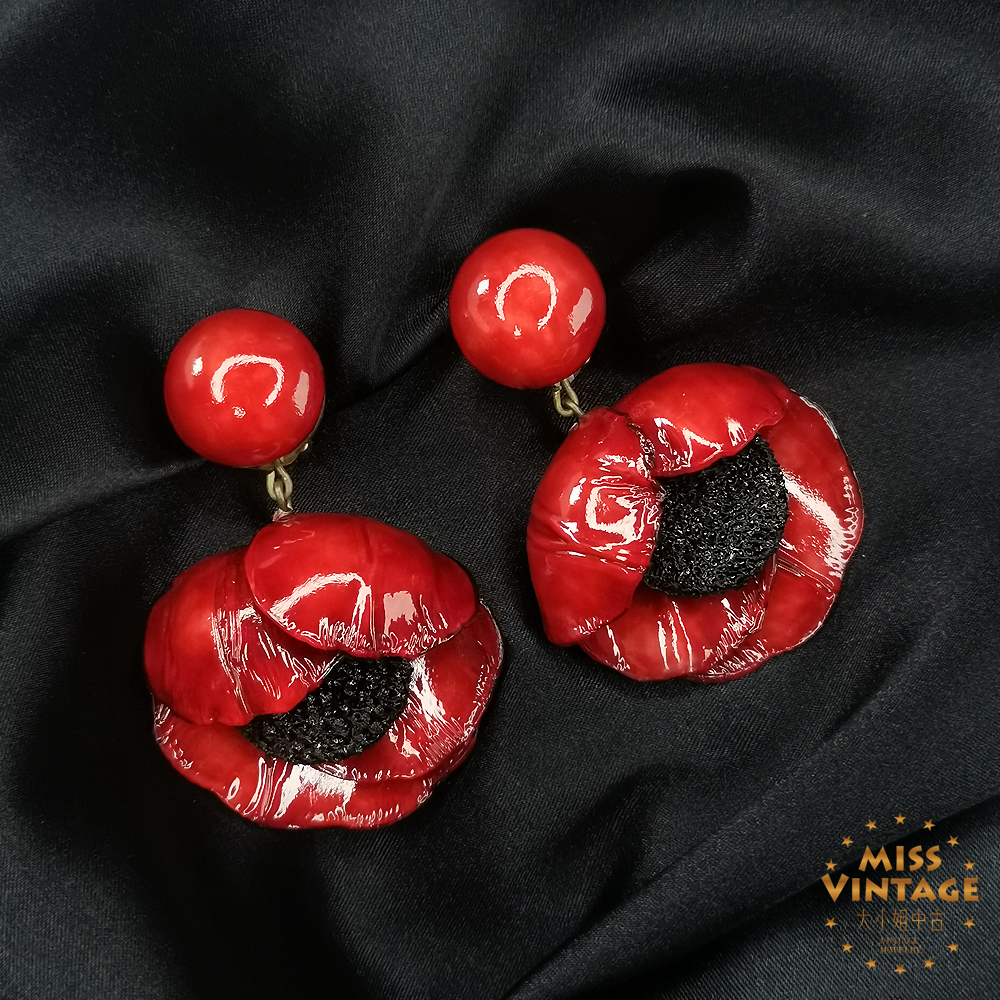 法国Cilea Paris手工定制神秘红虞美人花苞耳夹[1503251-081]