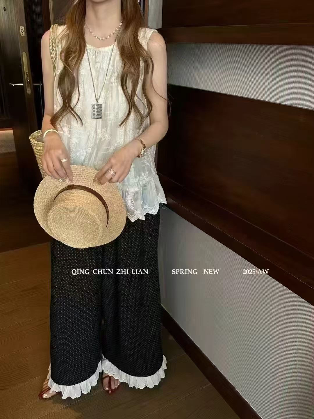 哆米拉推荐韩系刺绣上衣配波点阔腿裤套装