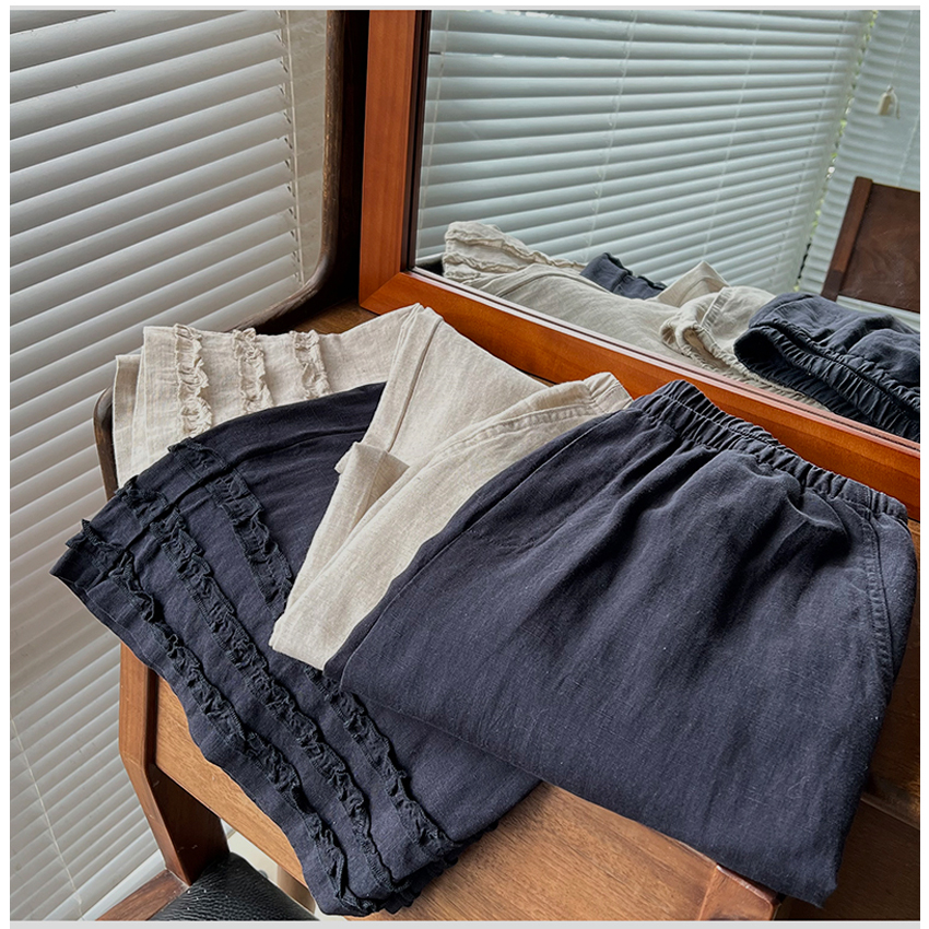 洋气设计感木耳边~夏季高腰显瘦天丝亚麻休闲裤女薄款九分直筒裤