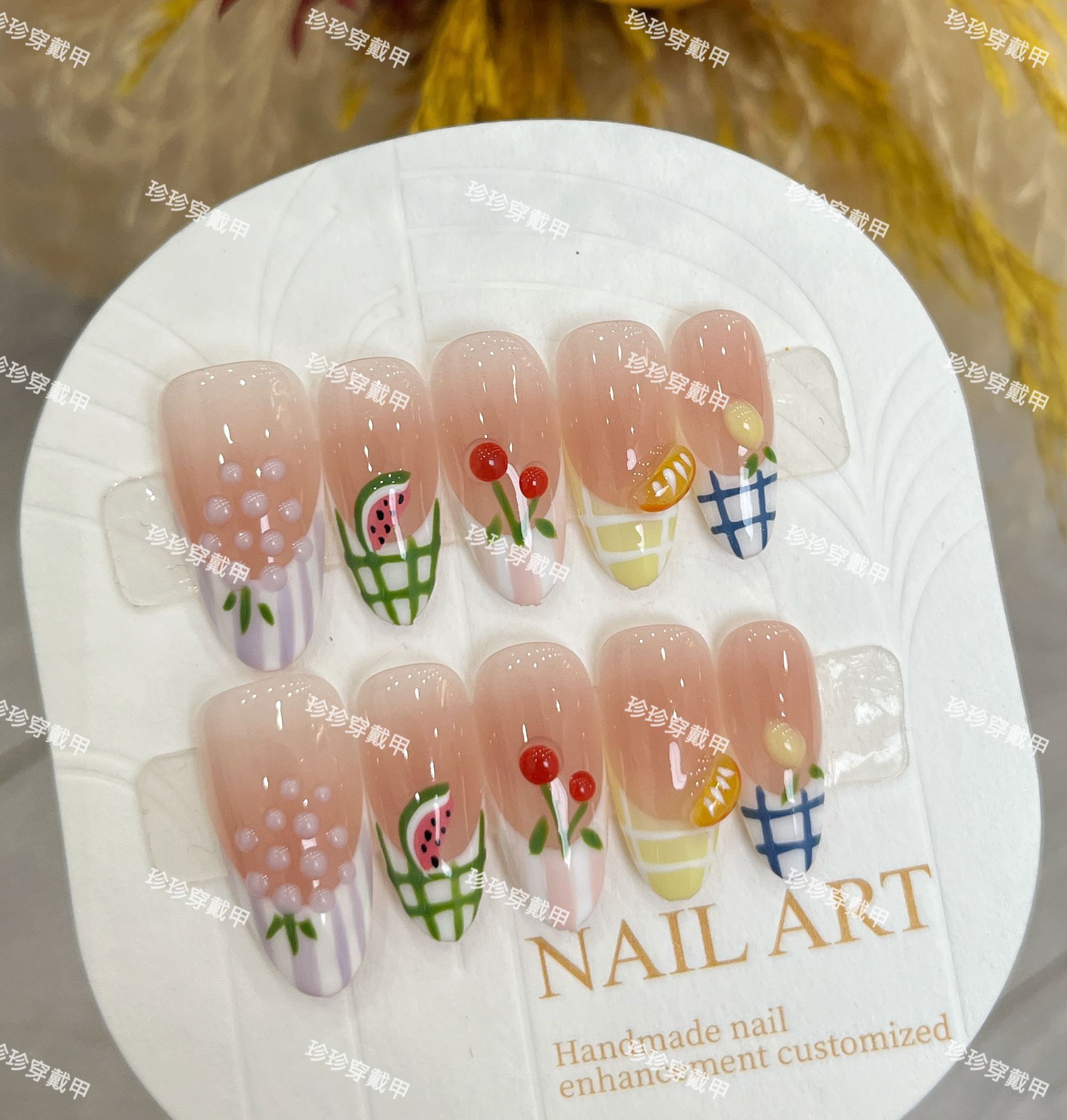 【水果捞】珍珍手工穿戴甲夏日限定多巴胺法式格纹手绘水果美甲贴片