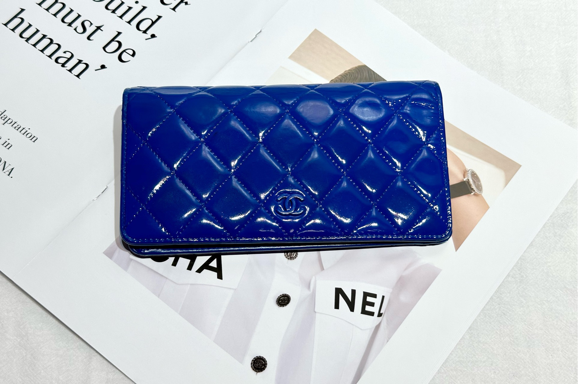 95新 Chanel/香奈儿 珍甄 漆皮蓝色钱包 16开 有标无卡 02883
