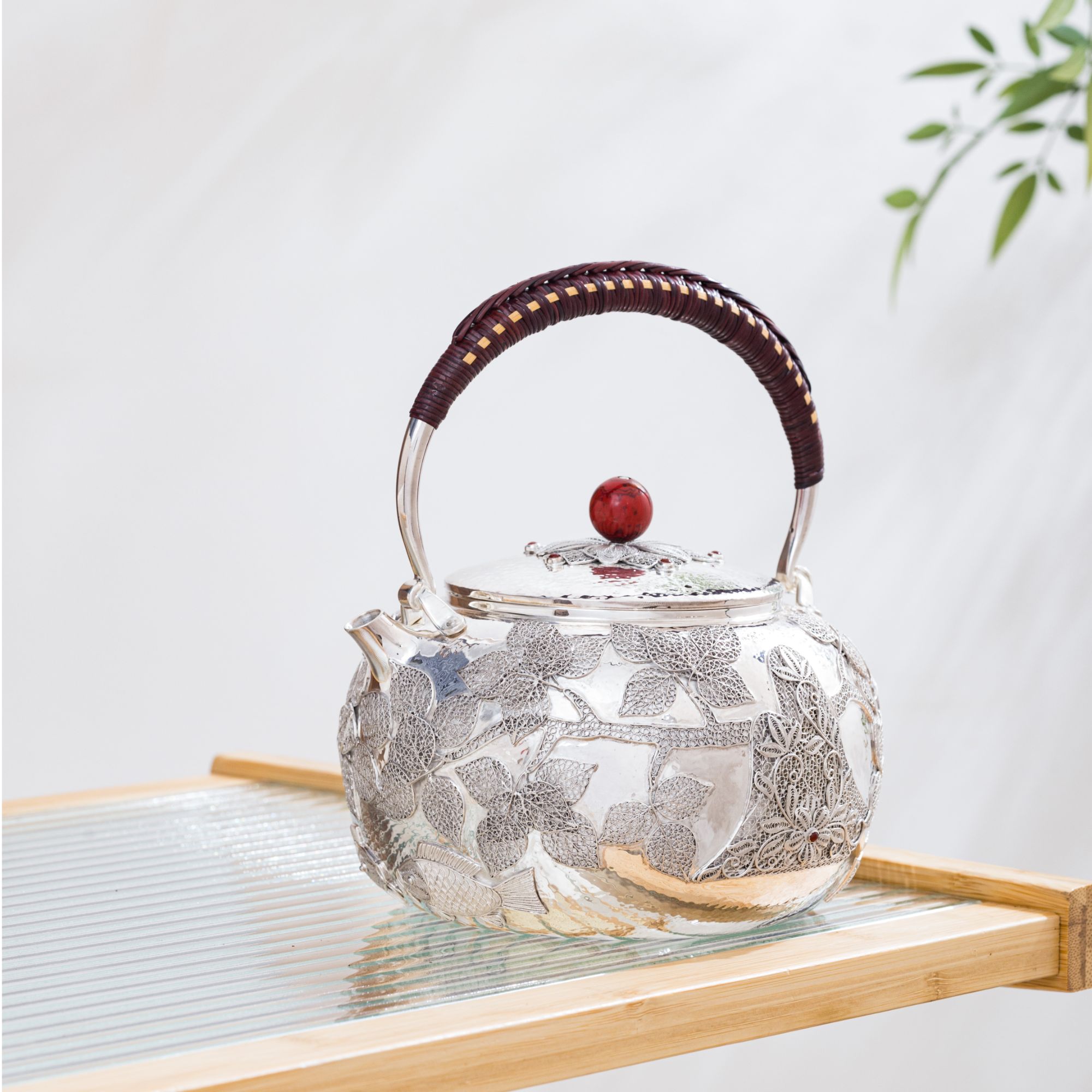 蜂鸟工坊 出口 镶嵌花丝假山叶子图案提梁煮水大壶 FNNA1817