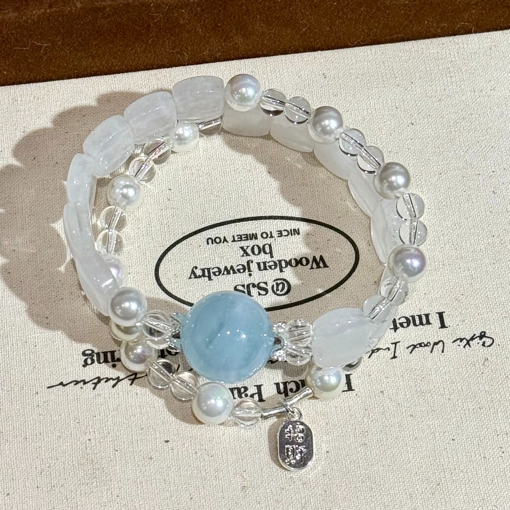 《蛟鱼泪》A556天然水晶海蓝宝顶珠原创设计款手牌多样性发一