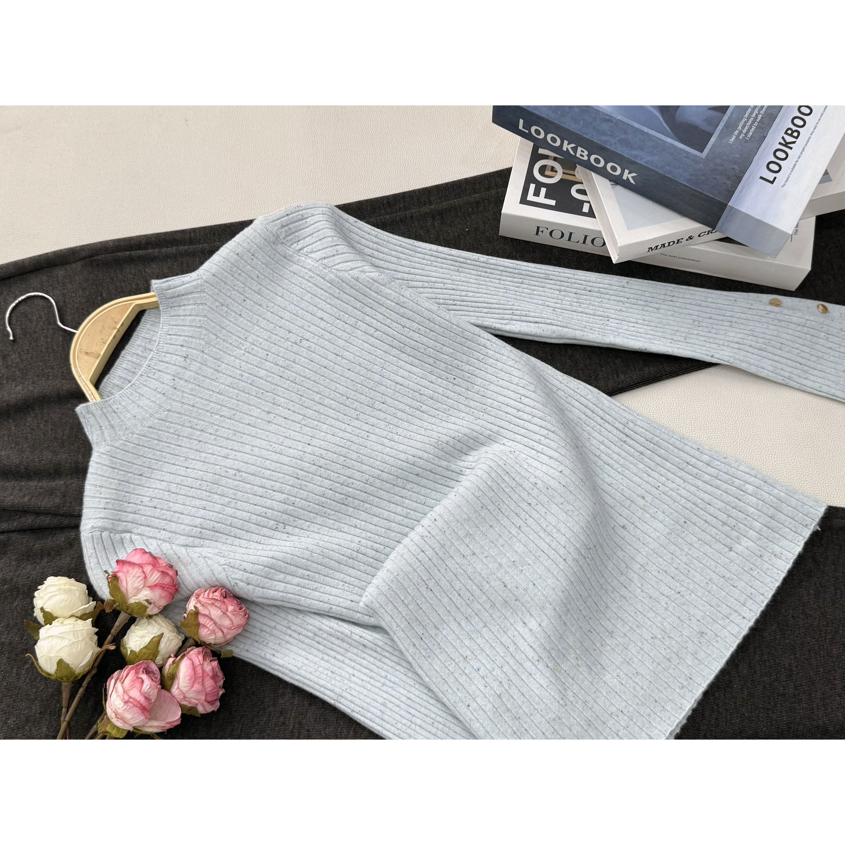 【蓝色竖坑条套头】秋季新款时尚长袖针织上衣QC5867