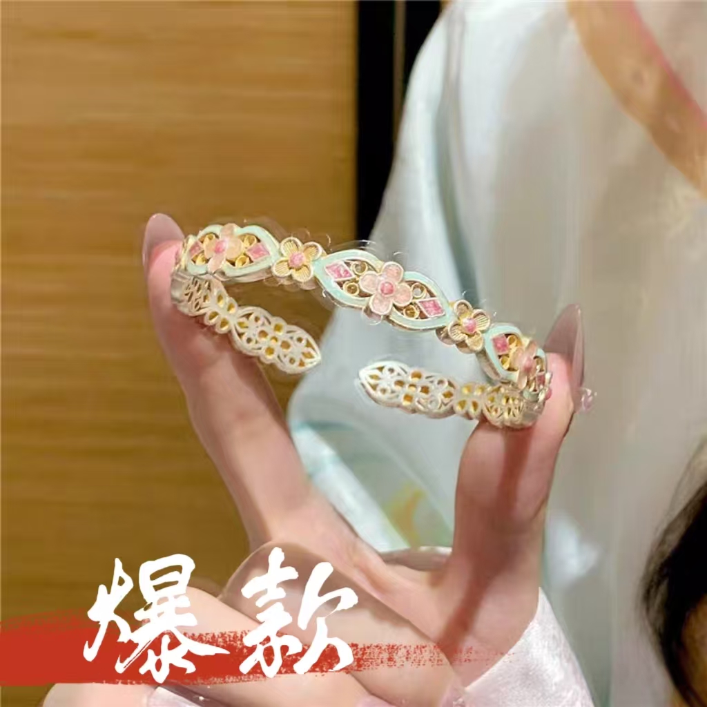 足银手镯 1号-珐琅花满筑【开口】手镯J