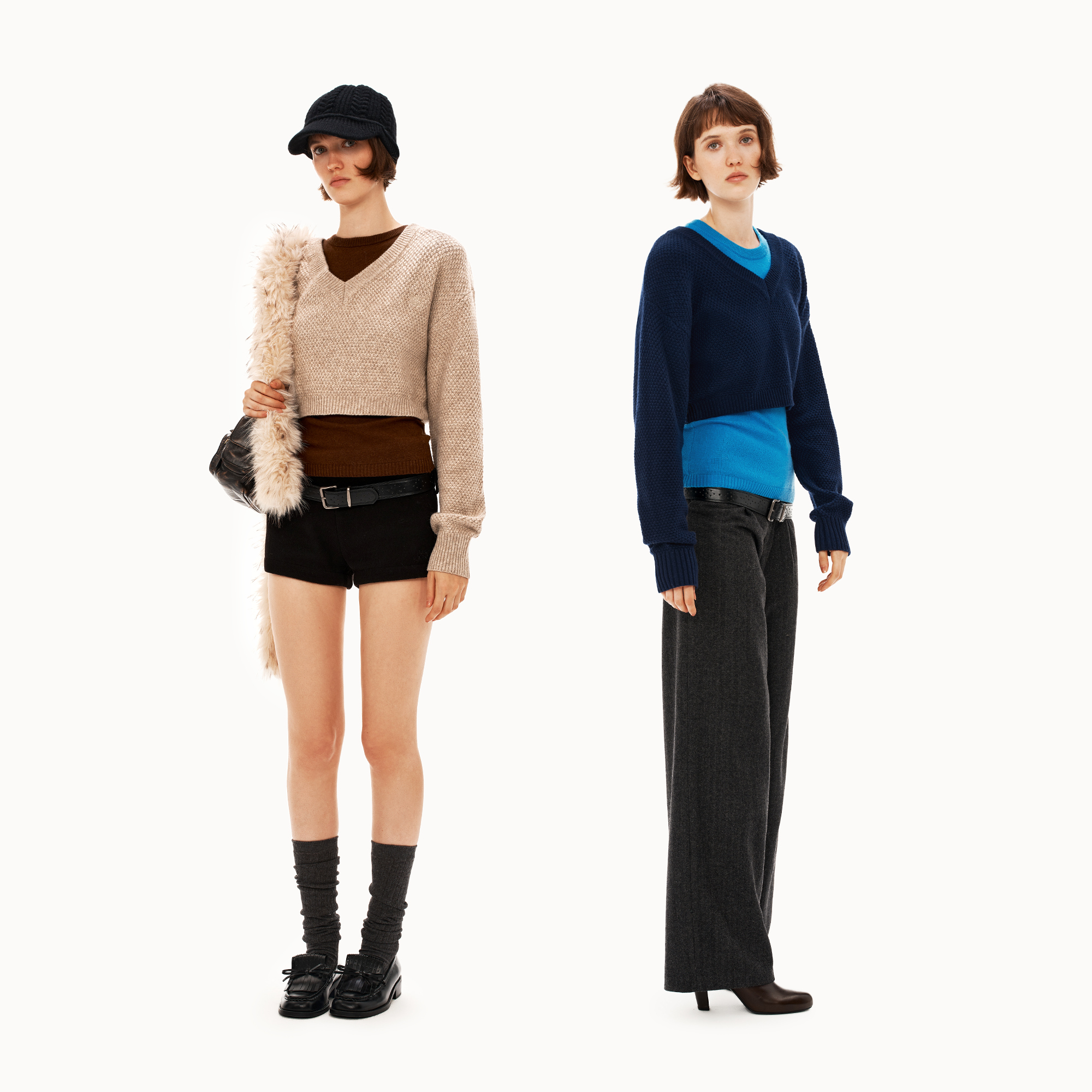 PUKI 女士时尚休闲百搭秋冬套头30%羊毛 抗起球真两件撞色V领毛衣